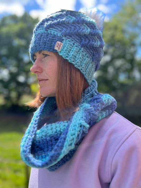 Matching Sets - Dazzling Blue Waves Set - Hat & Cowl Scarf