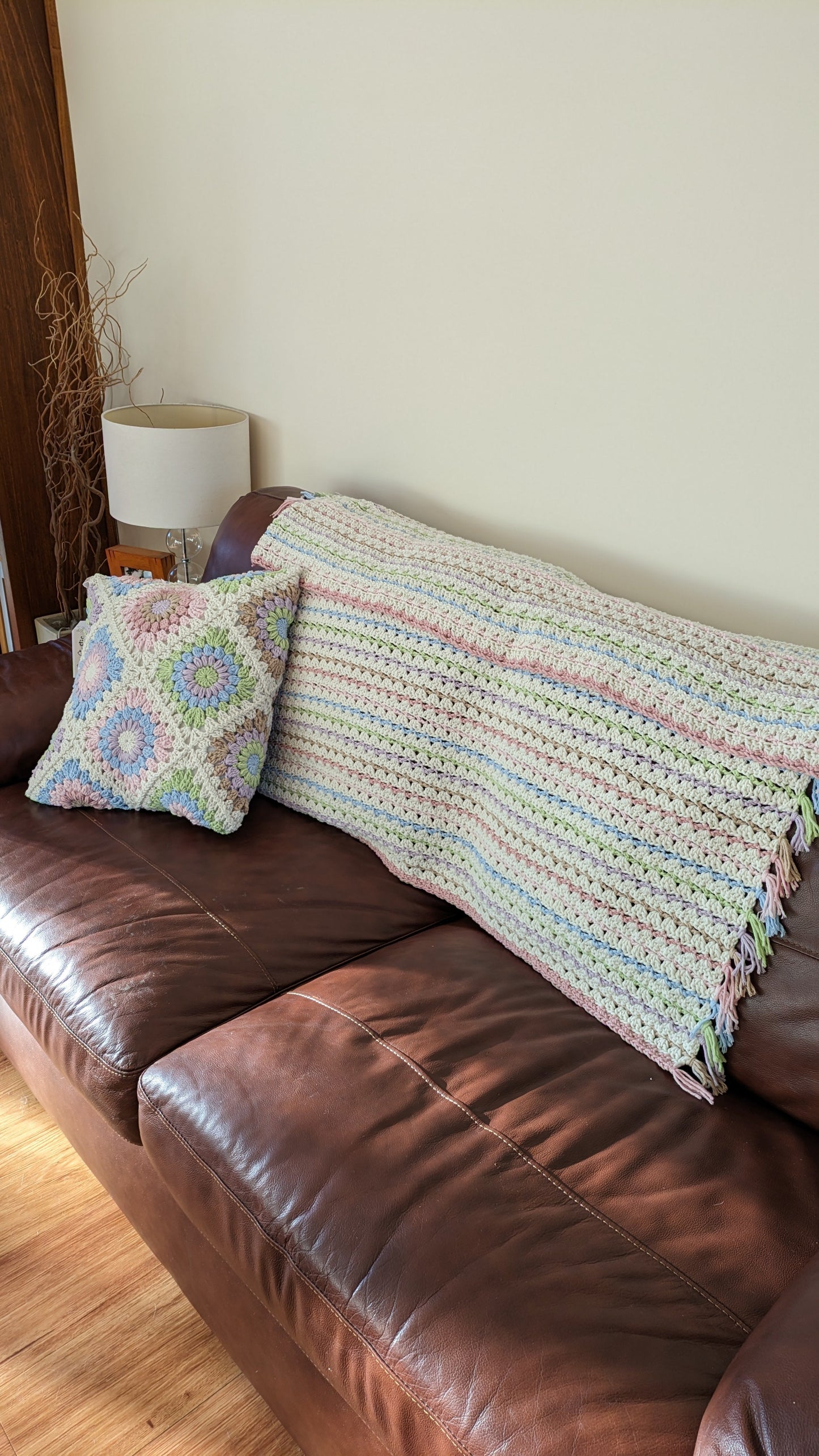 Homeware ~ 'Pastel Dreams' Large Heavy Cotton Throw & Matching Granny Flower Cushion