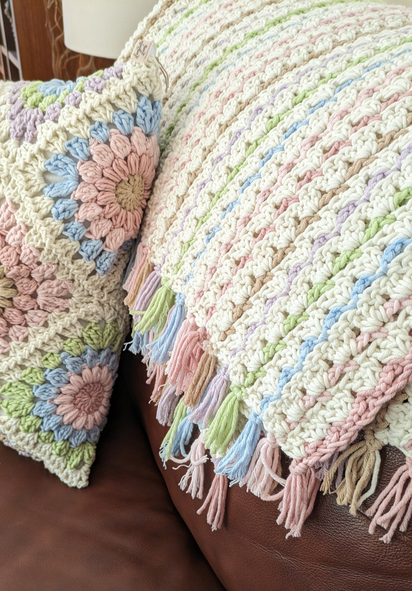 Homeware ~ 'Pastel Dreams' Large Heavy Cotton Throw & Matching Granny Flower Cushion